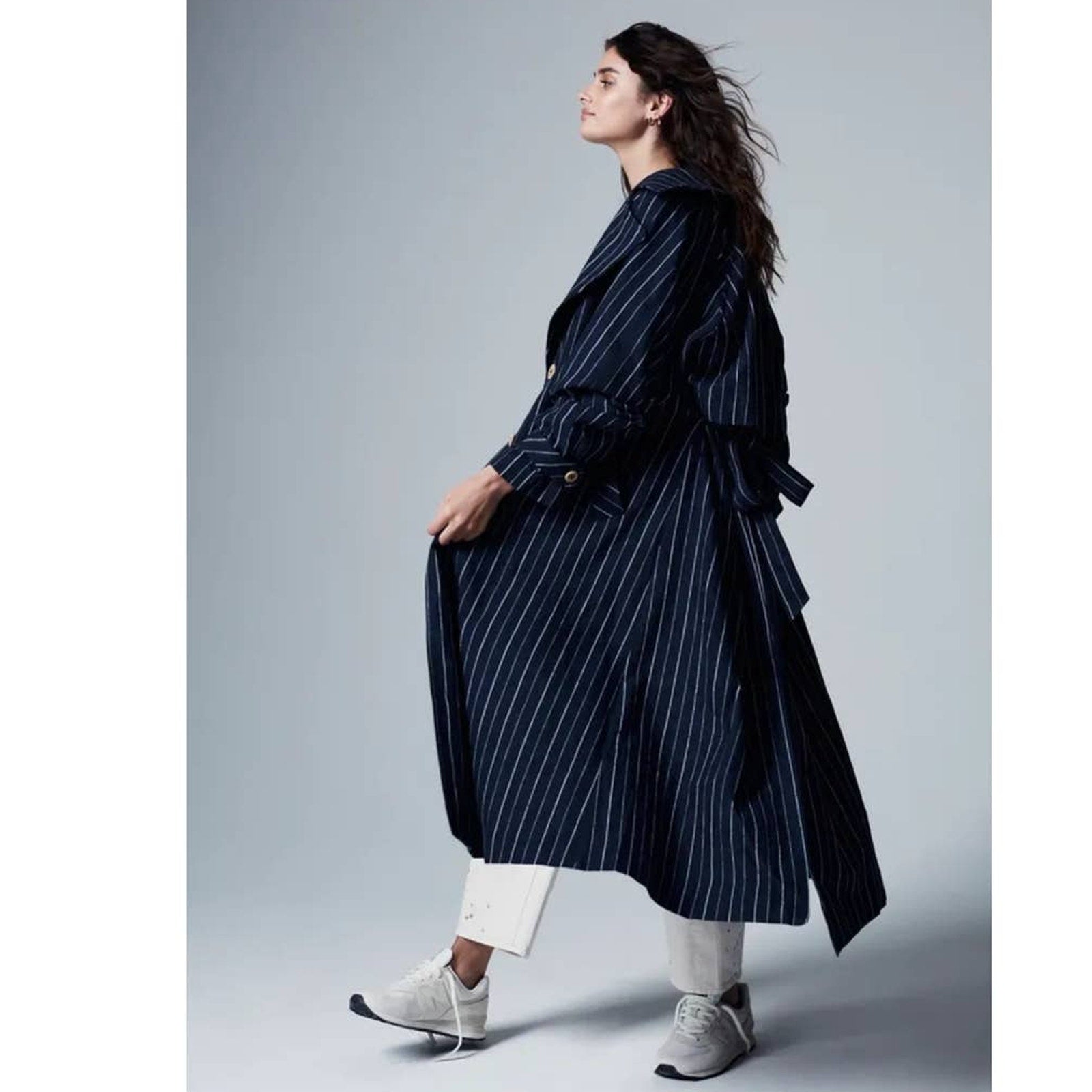 New Free People Melia Mac Coat WTF $228 LARGE Blue Striped Vintage-Inspired