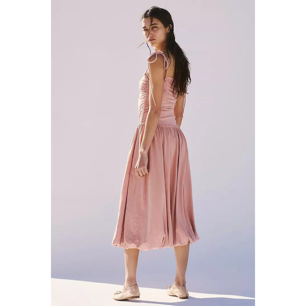 New FREE PEOPLE Beach Liza Drop-Waist Midi Dress $78 MEDIUM Tuscany Ruched