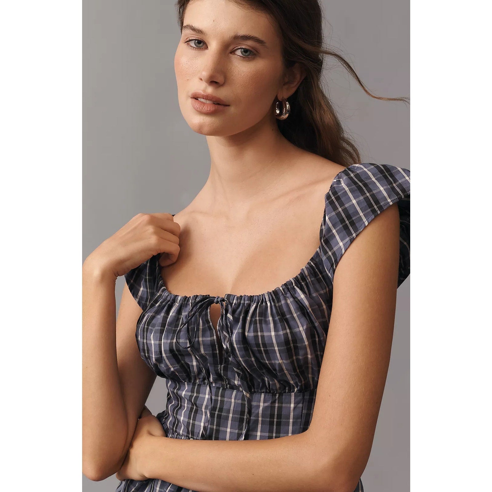 By Anthropologie Flutter-Sleeve Square-Neck Midi Dress SMALL Blue Plaid Anthropologie