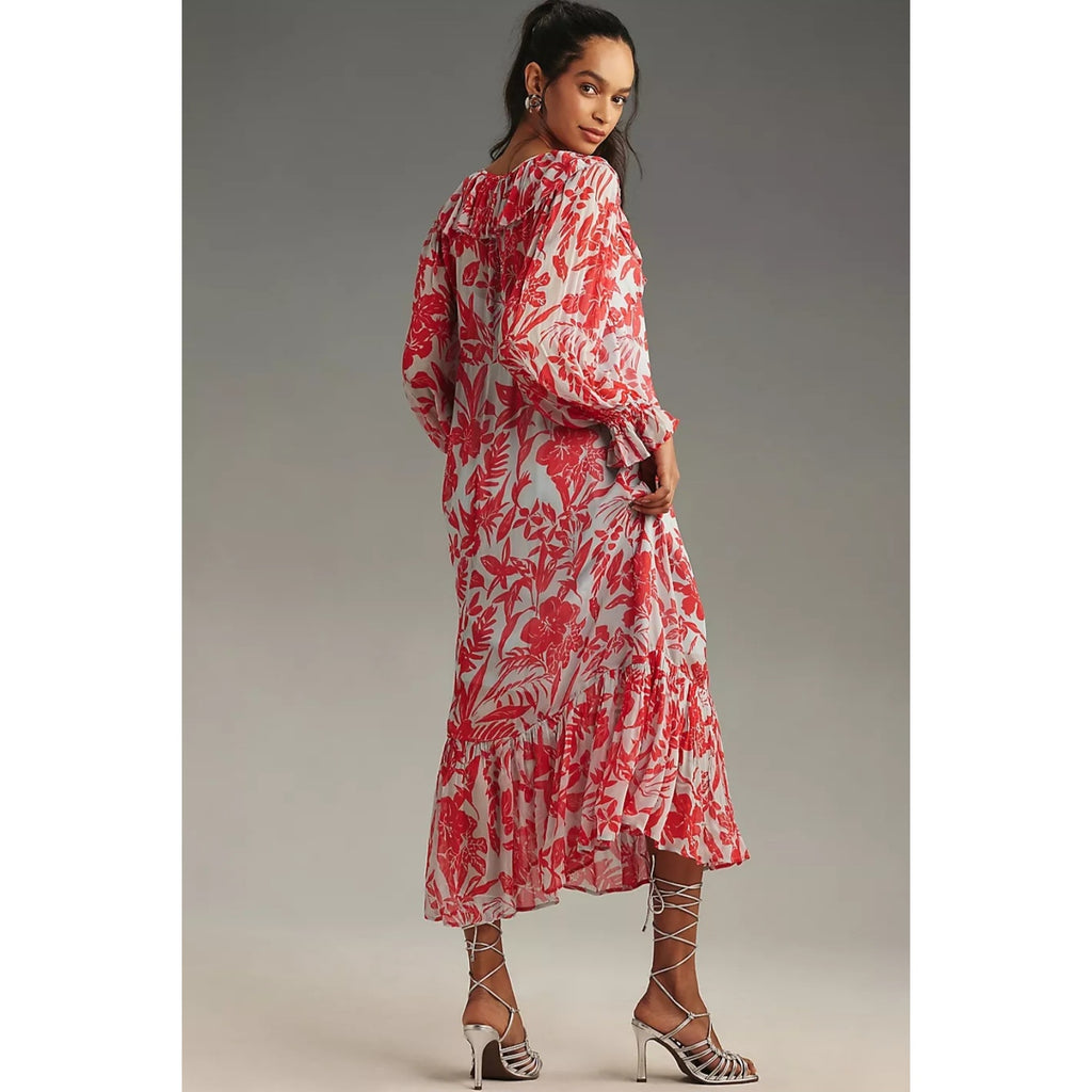 New By Anthropologie Long-Sleeve V-Neck Chiffon Ruffle Midi Dress $168 MEDIUM