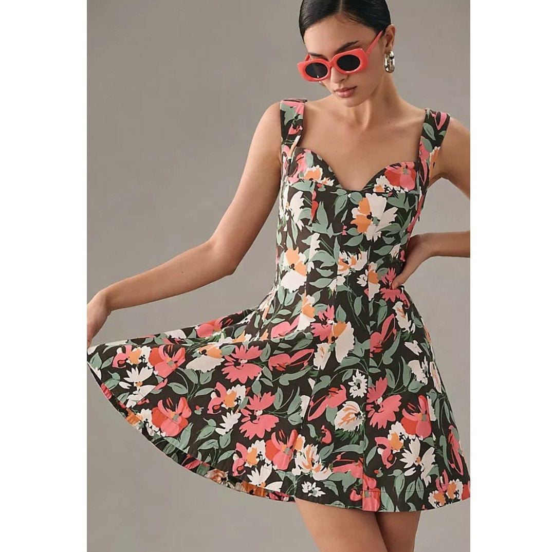 New Anthropologie Sweetheart Floral Mini Dress $180 MEDIUM Black Motif Stretchy