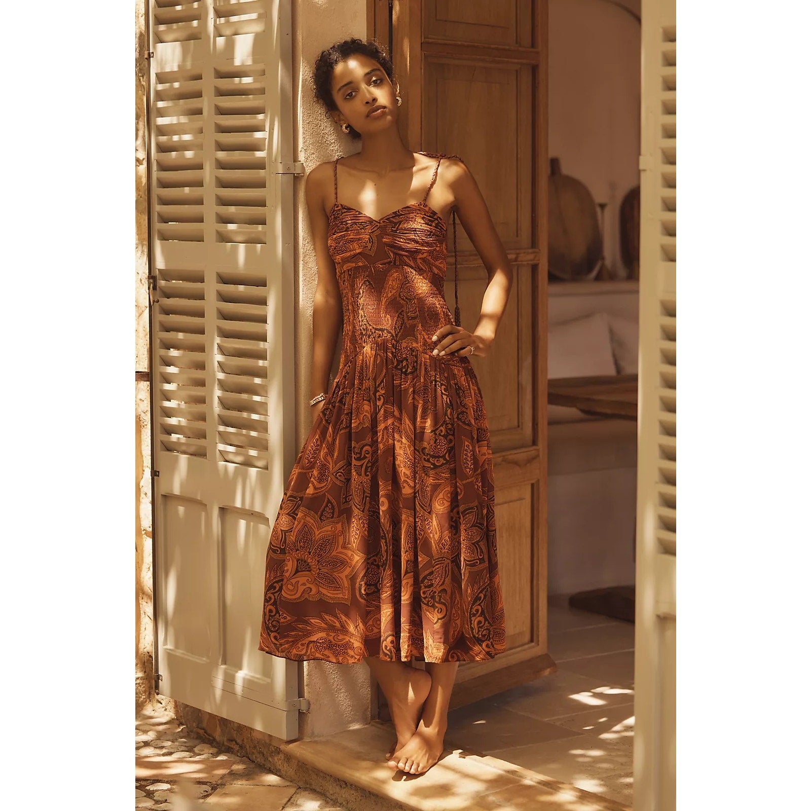 Farm Rio x Anthropologie Drop-Waist Printed Midi Dress MEDIUM Brown FARM Rio