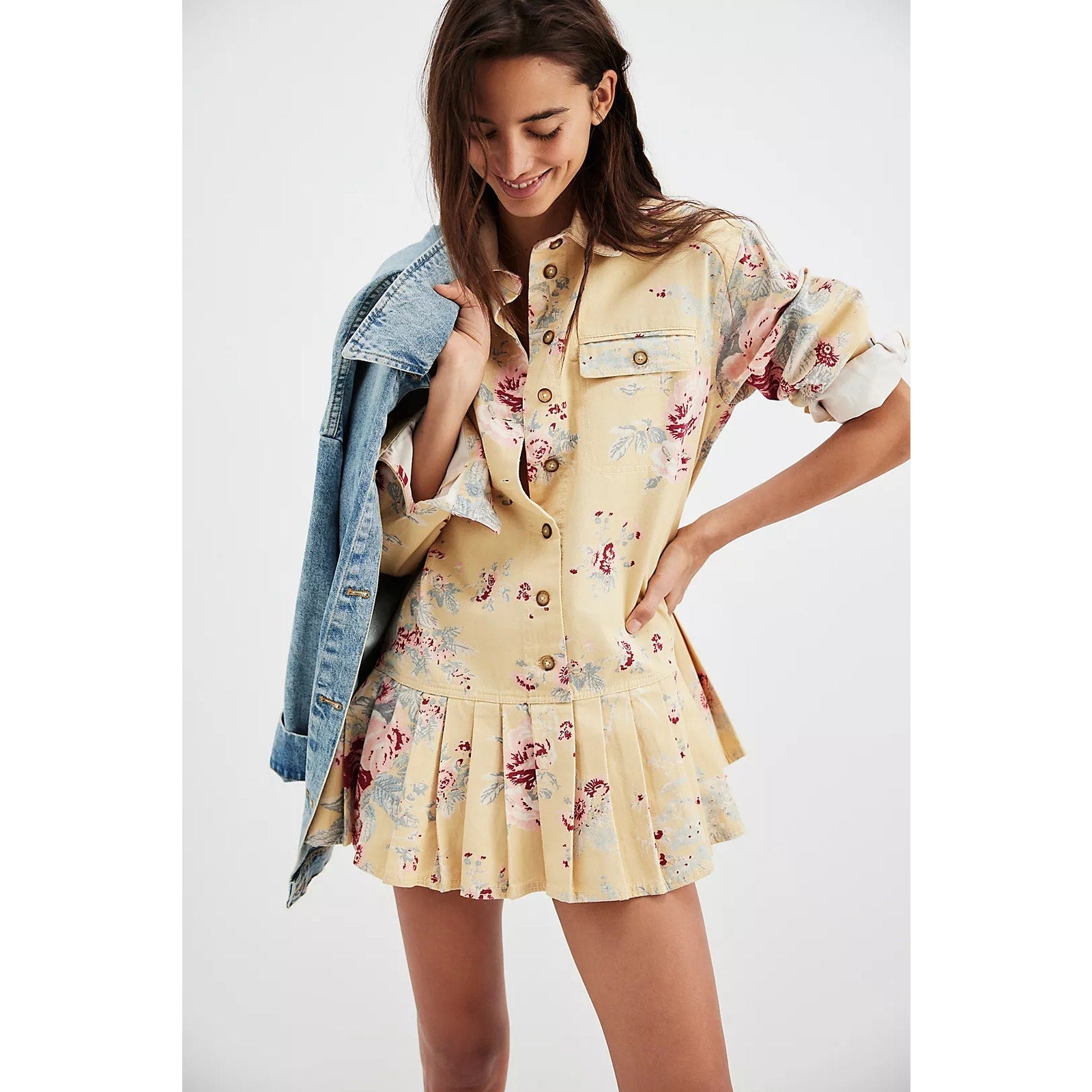 New Free People Connor Floral Printed Mini Dress $168 X-SMALL Yellow Boho Button