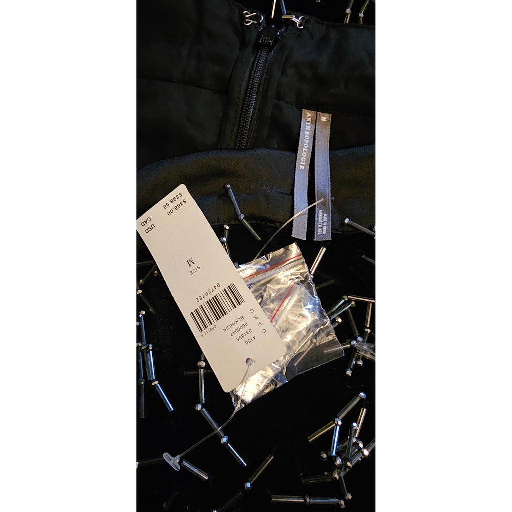 Anthropologie Sweetheart Fringe Shift Mini Dress $368 M Black BEADED Velvet