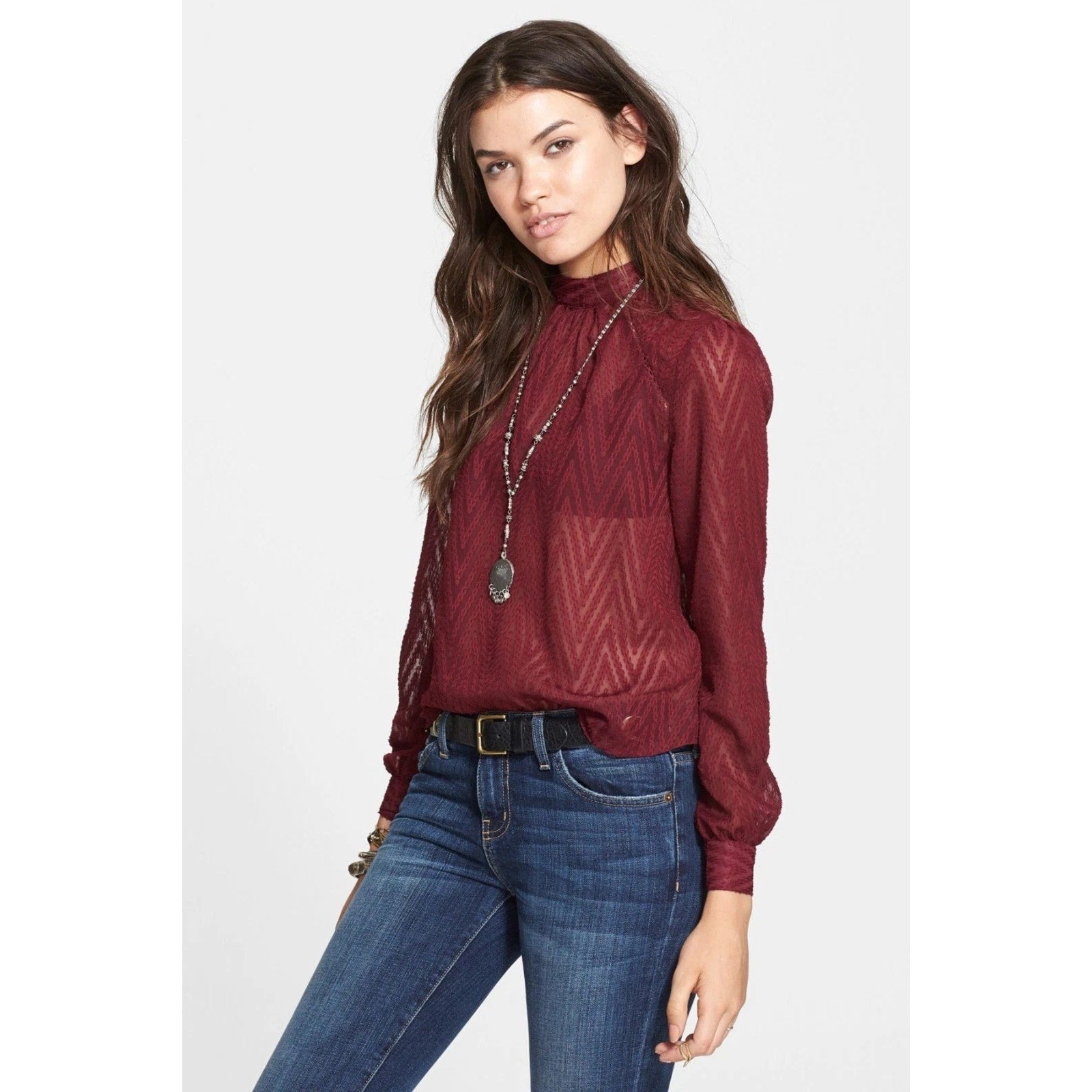 New Free People After Midnight Sheer Long-Sleeve Blouse $78 Black Sz XS
