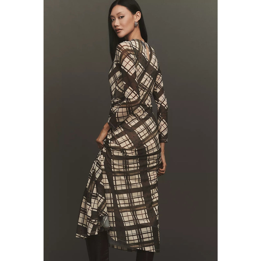 By Anthropologie Long-Sleeve Ruched Mesh Midi Dress X-LARGE Brown Anthropologie