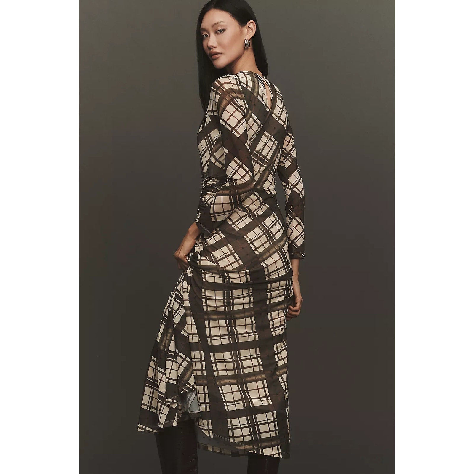 By Anthropologie Long-Sleeve Ruched Mesh Midi Dress X-LARGE Brown Anthropologie