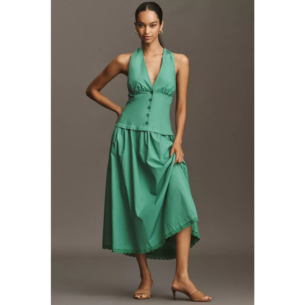 Anthropologie Maeve Halter V-Neck Drop-Waist Midi Dress SMALL Green Anthropologie
