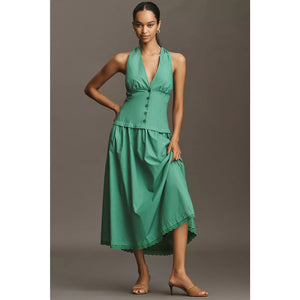 Anthropologie by Maeve Halter V-Neck Drop-Waist Midi Dress Green