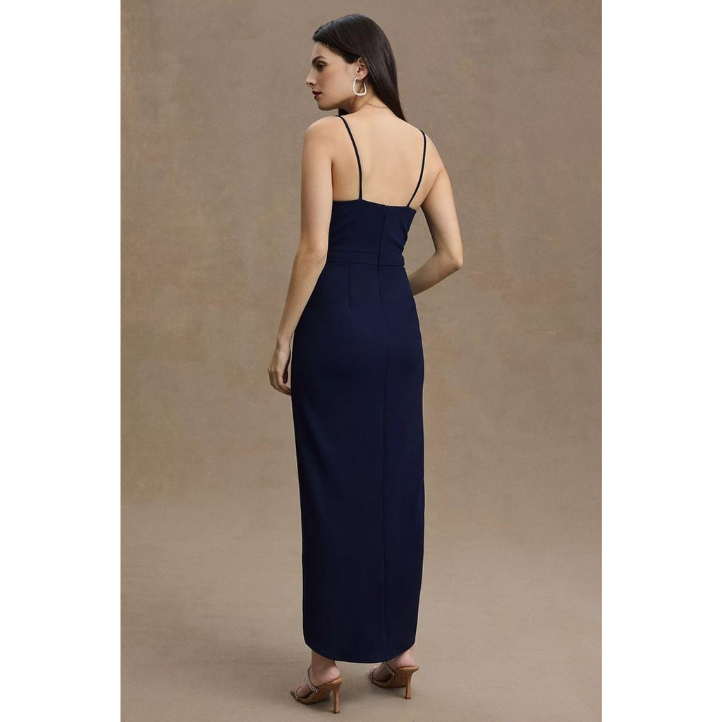 New Anthropologie BHLDN Lyra V-Neck Faux-Wrap Stretch Crepe Midi $198 Sz 10 Navy