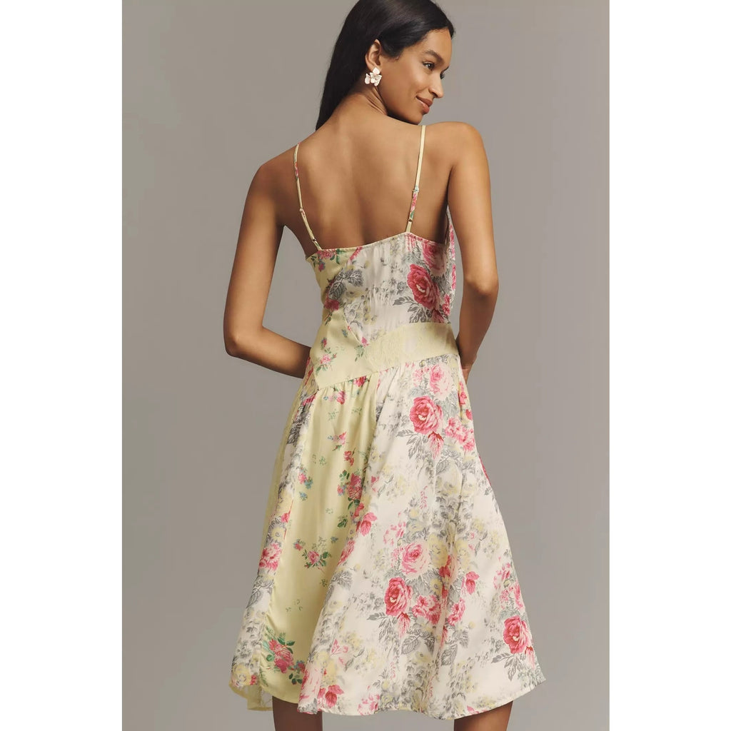 Anthropologie Sleeveless Patchwork Slip Midi Dress XS Yellow Floral Anthropologie
