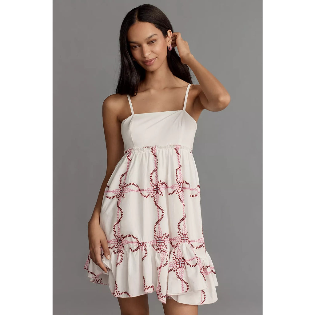 Anthropologie Sleeveless Babydoll Mini Dress SMALL Pink EMBROIDERED Anthropologie