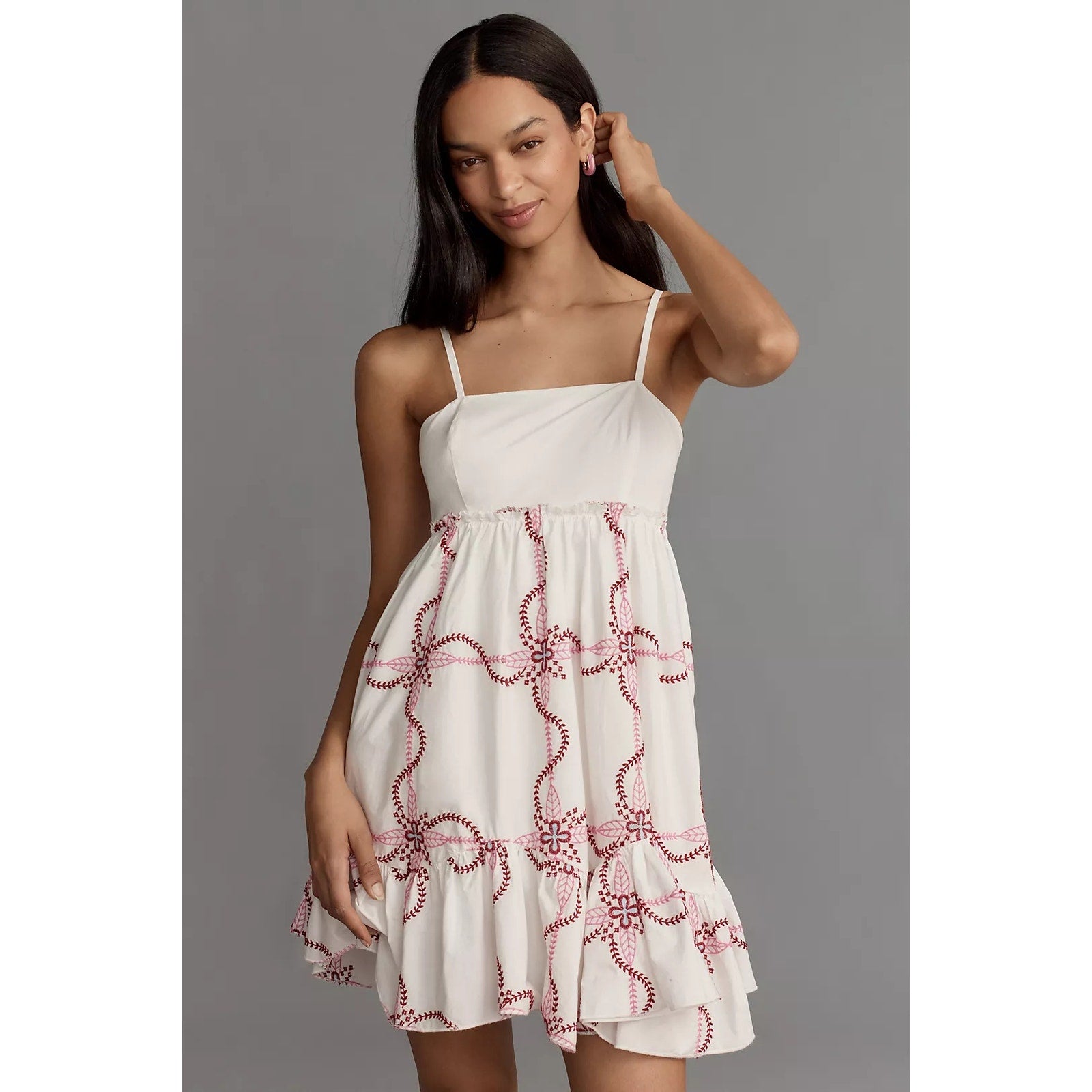 Anthropologie Sleeveless Babydoll Mini Dress SMALL Pink EMBROIDERED Anthropologie