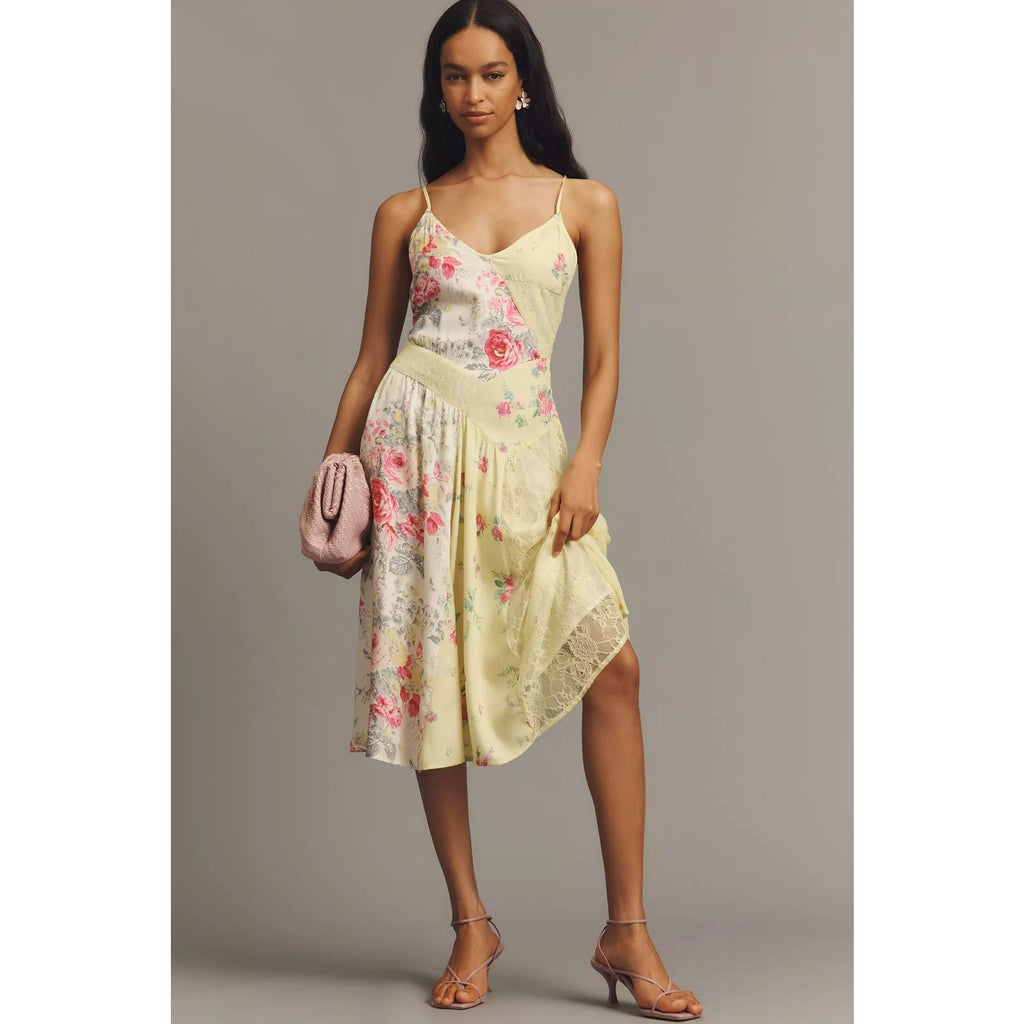 Anthropologie Sleeveless Patchwork Slip Midi Dress XS Yellow Floral Anthropologie