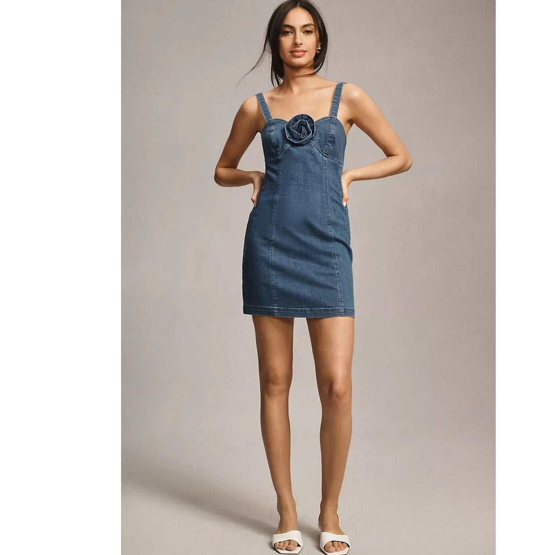 Anthropologie Porridge Rosette Denim Slim Mini Dress XXS Blue Stretchy Anthropologie