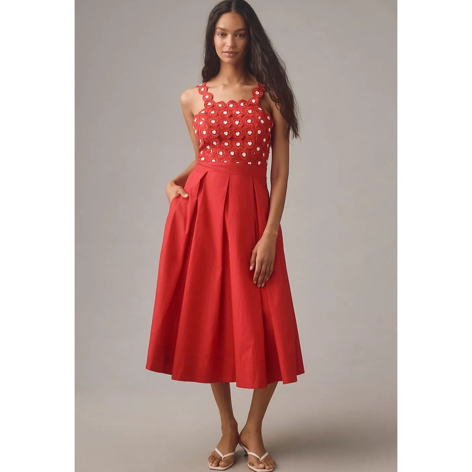 Anthropologie Maeve Crochet Halter Poplin Midi Dress $228 SIZE 10 Red