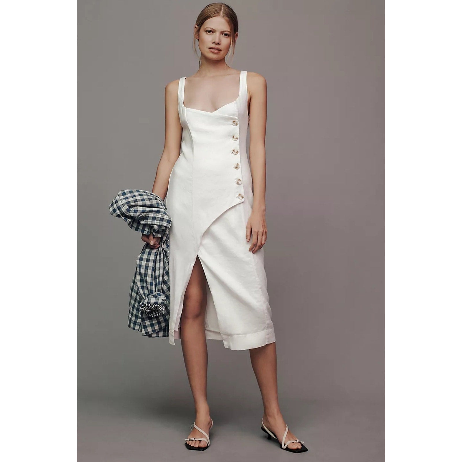 Anthropologie Sleeveless Square-Neck Linen Button Wrap Midi Dress 1X Anthropologie