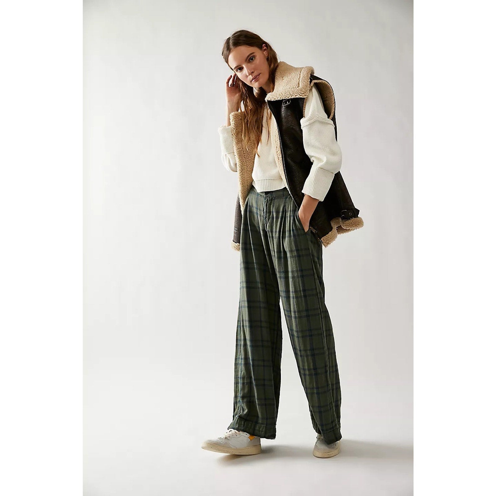 New Free People x CP Shades Plaid Trousers $220  MEDIUM Green PLAID Relaxed
