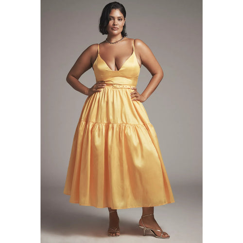 Yellow sleeveless V-neck belted midi dress with tiered skirt