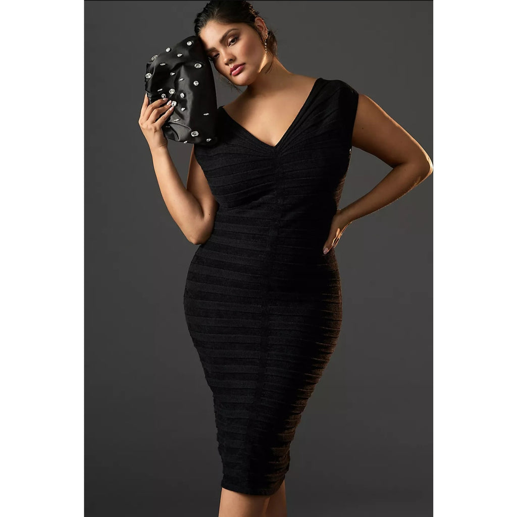 New By Anthropologie V-Neck Chenille Midi Dress $248 X-SMALL Black