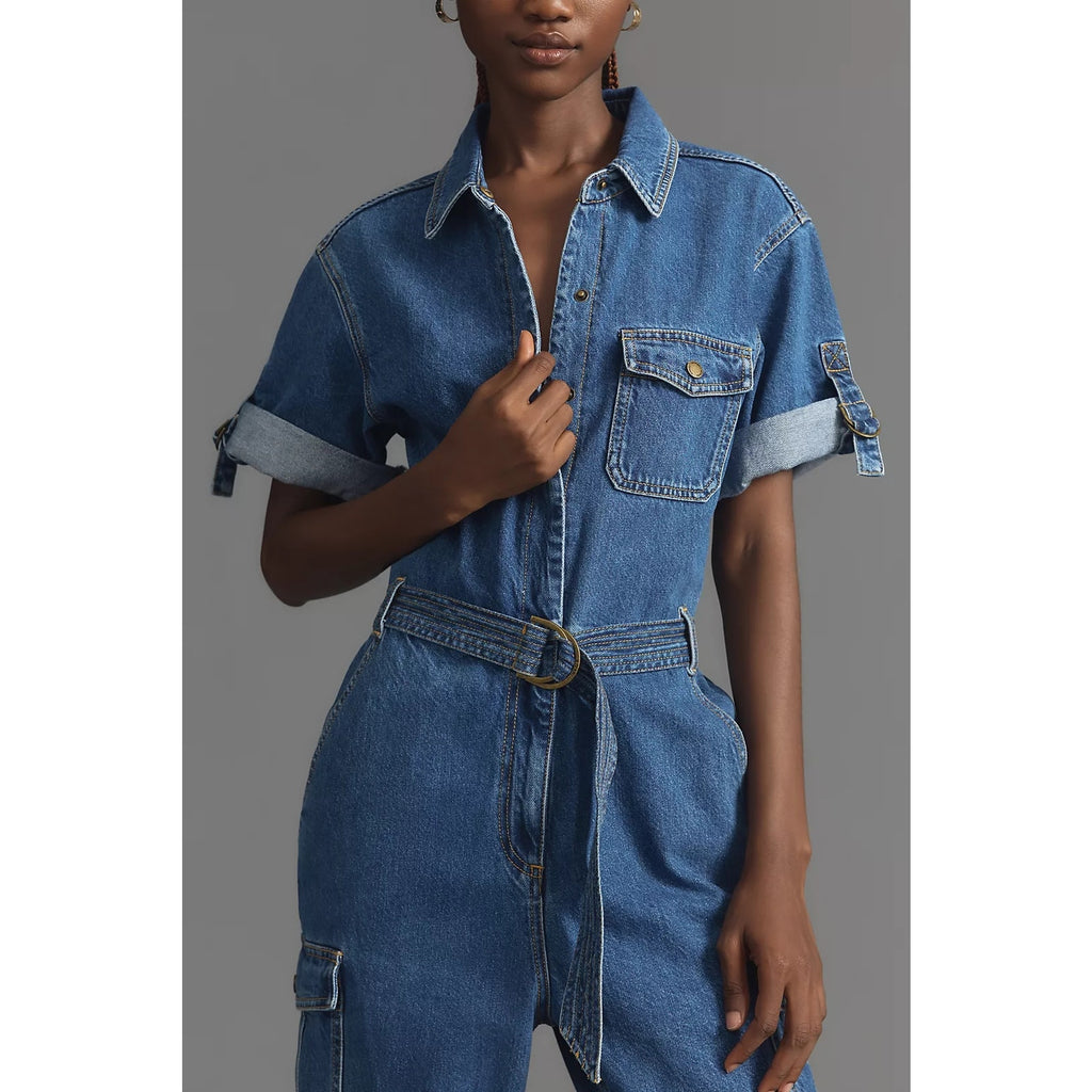 Anthropologie x KIVARI Natalie Short-Sleeve Denim Jumpsuit $300 XXS US Sz 0