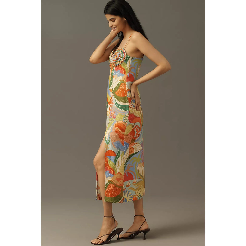 Anthropologie Farm Rio Linen Sleeveless Sweetheart Slim Maxi Dress S FARM Rio
