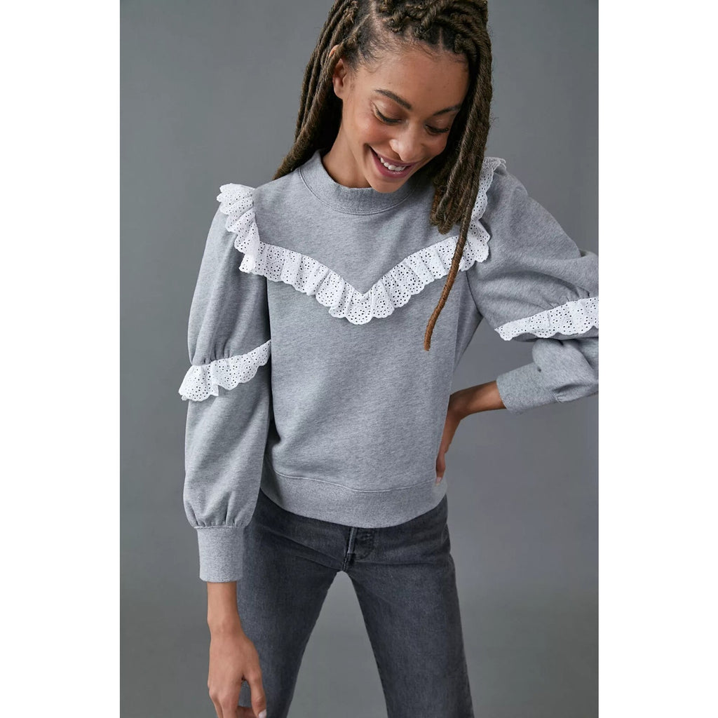 New Anthropologie Corsica Ruffled Eyelet Sweatshirt Othilia Size Small