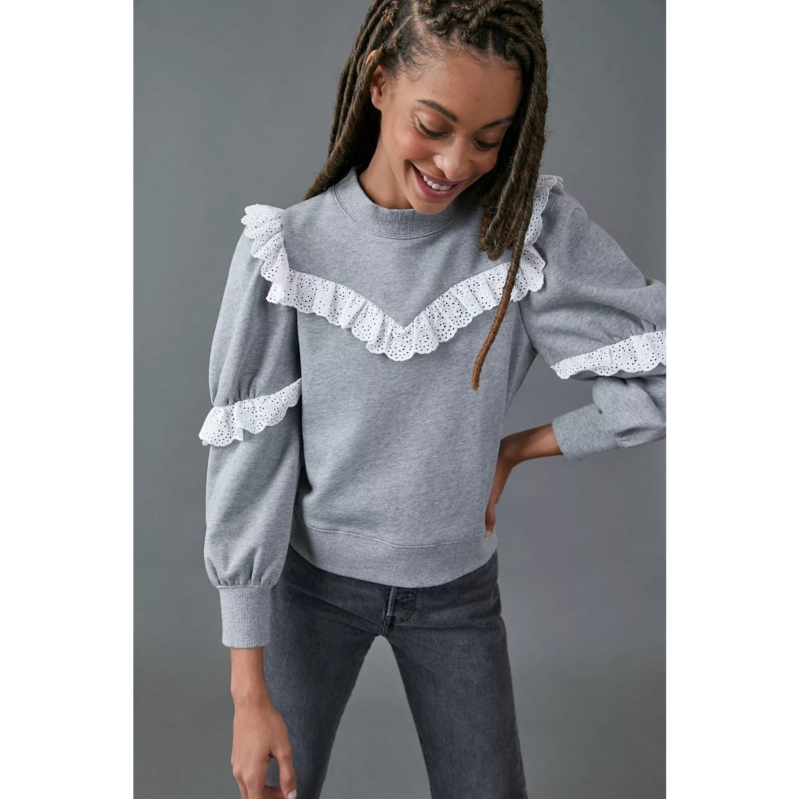 New Anthropologie Corsica Ruffled Eyelet Sweatshirt Othilia Size Small