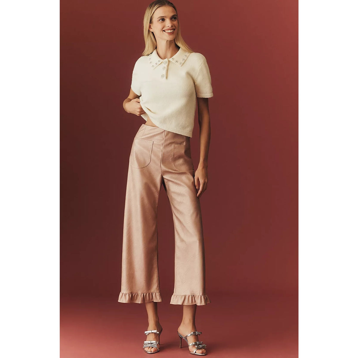 Rose metallic faux leather wide-leg crop pants with ruffle hems and front pockets