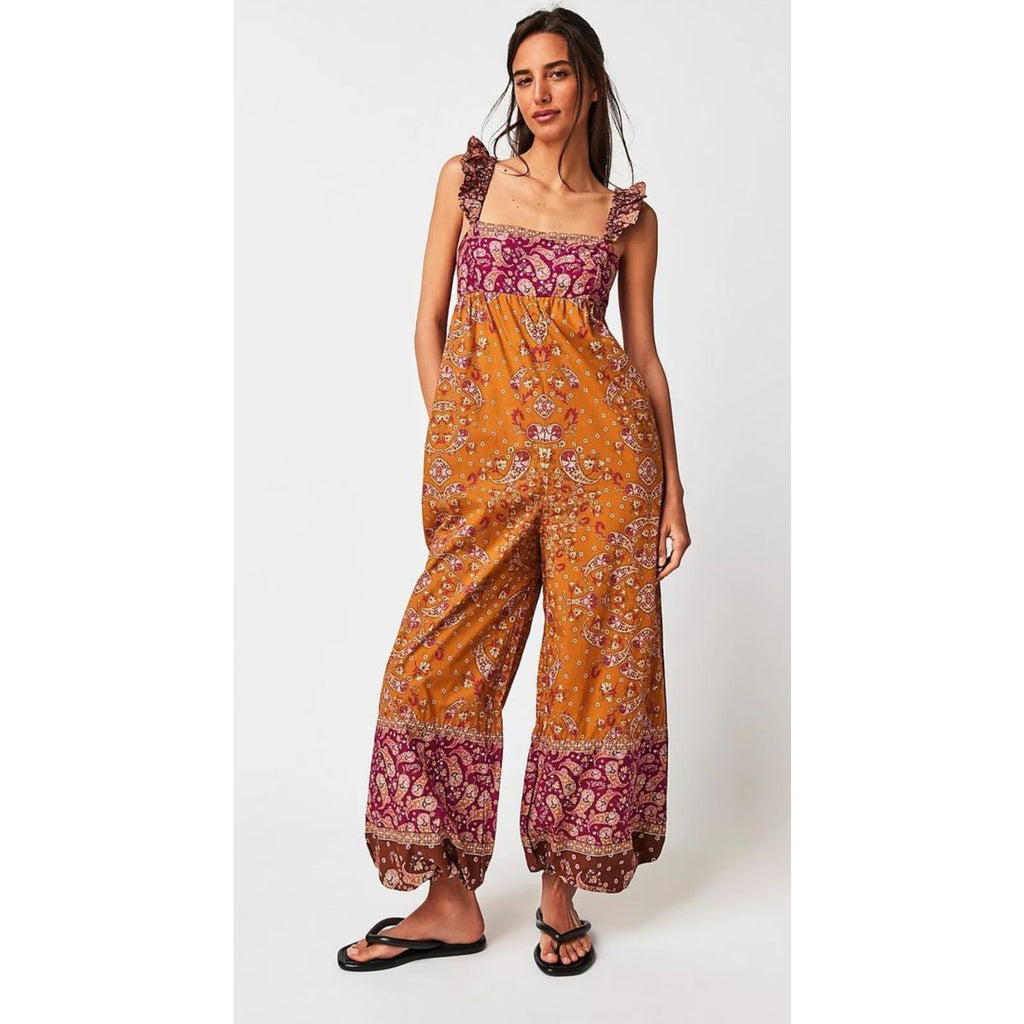 New FREE PEOPLE Bali Albright Jumpsuit $148 SMALL Gold Combo Paisley Boho