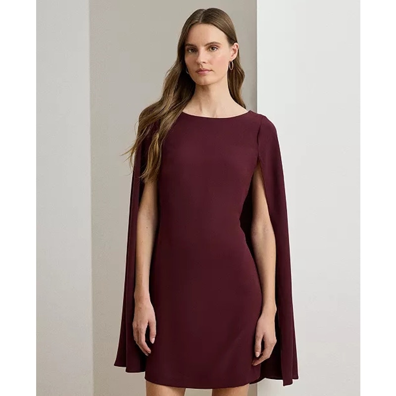 Dark garnet crew neck cocktail dress with draped cape sleeves