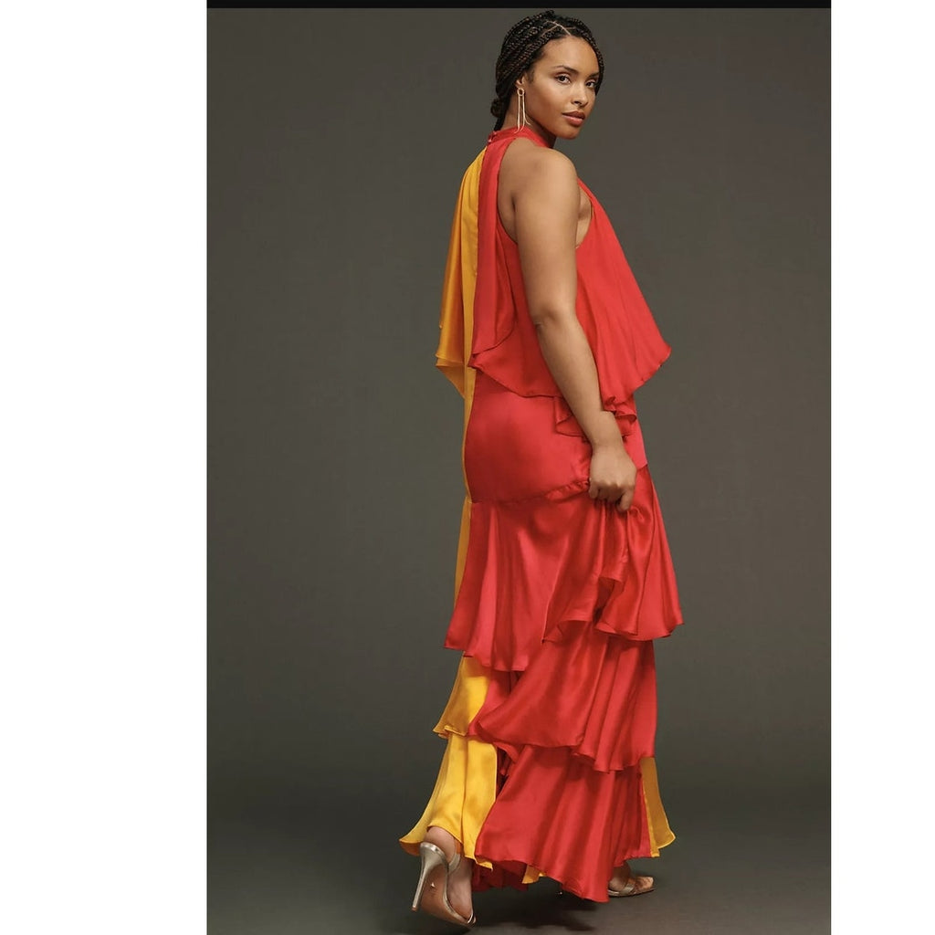 New Anthropologie x Pinnacle Mock-Neck Colorblock Ruffle Dress $248 Pink Yellow