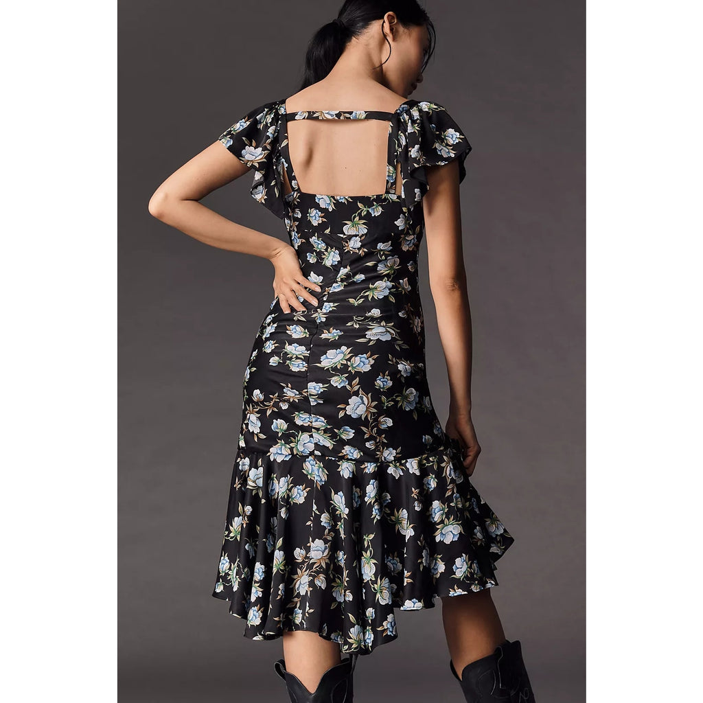Anthropologie Sweetheart Ruched Drop-Waist Dress $188 SMALL Black Floral Anthropologie