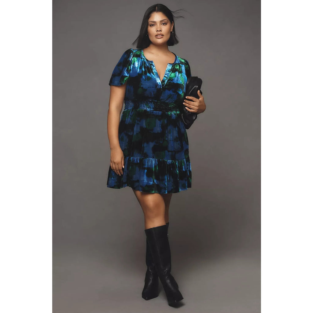 Anthropologie Maeve Somerset Velvet Mini Dress $148 X-SMALL Blue Motif