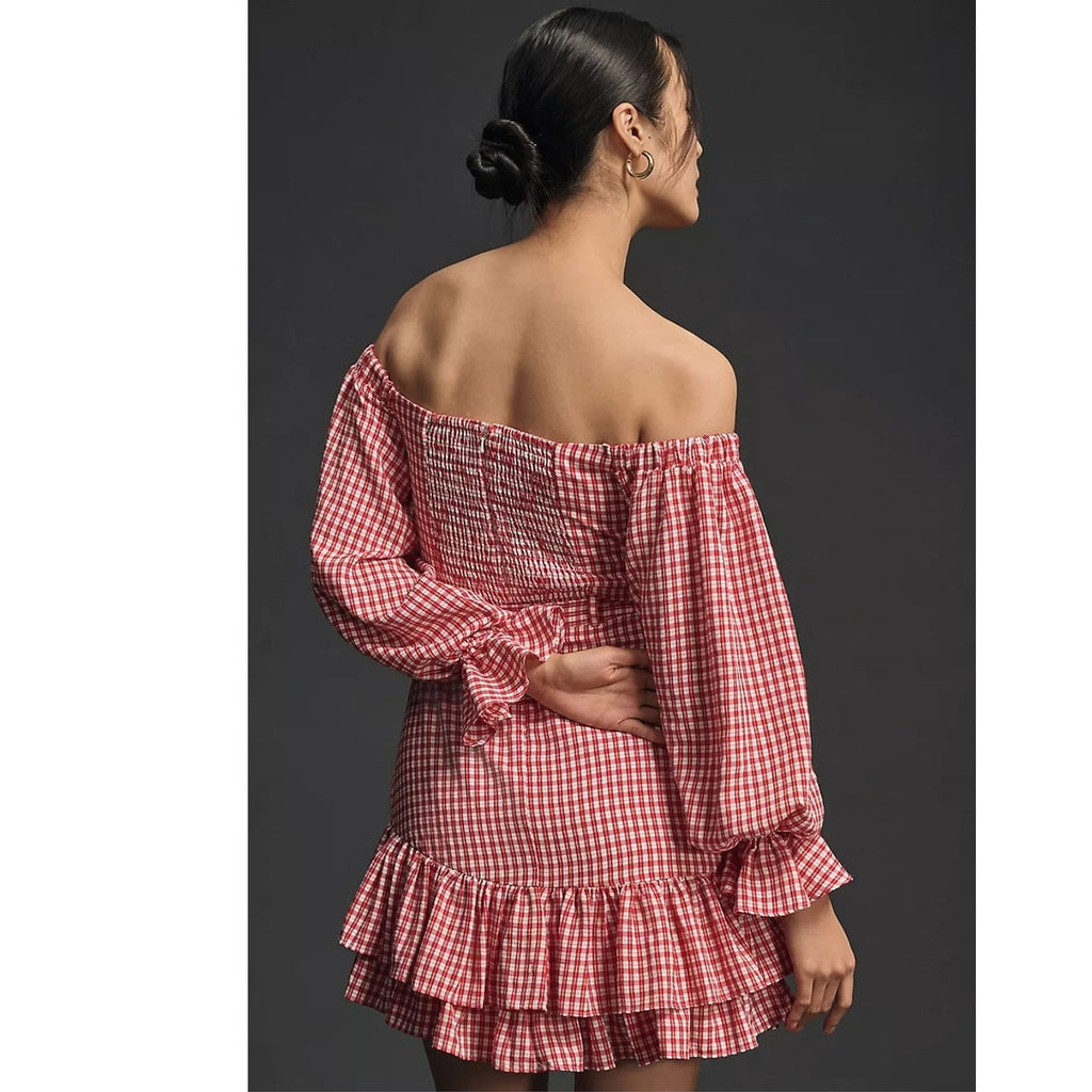 Anthropologie Maeve Off-The-Shoulder Ruffled Mini Dress $178 8P Red Petite