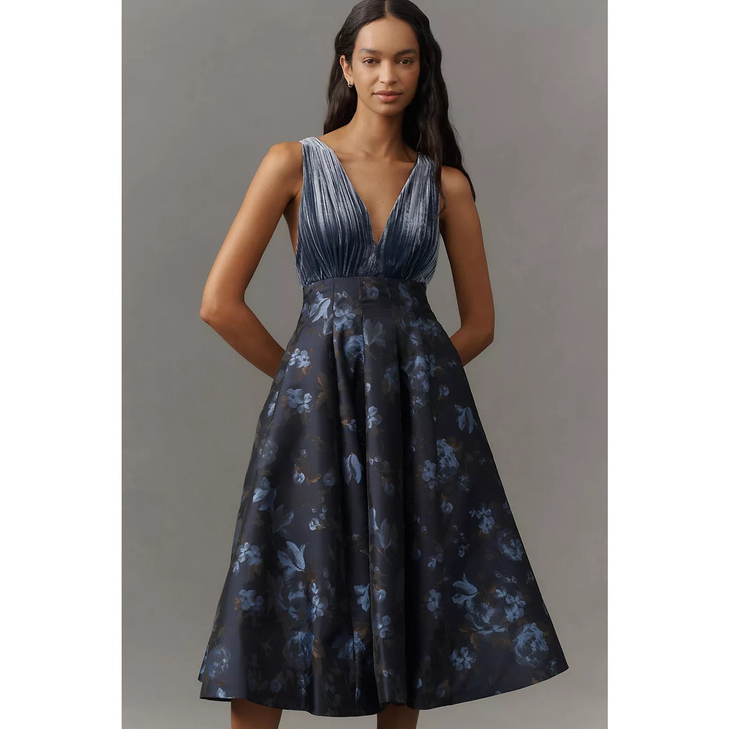 Anthropologie Maeve V-Neck Velvet Jacquard A-Line Midi Dress