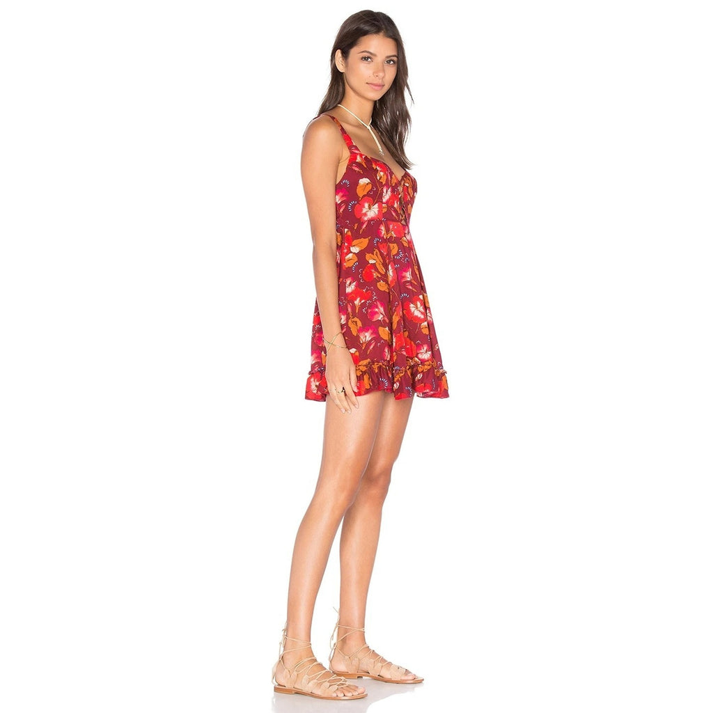 New Free People Red Floral Lattice Lovers Slip Mini Dress - $88 Small Boho
