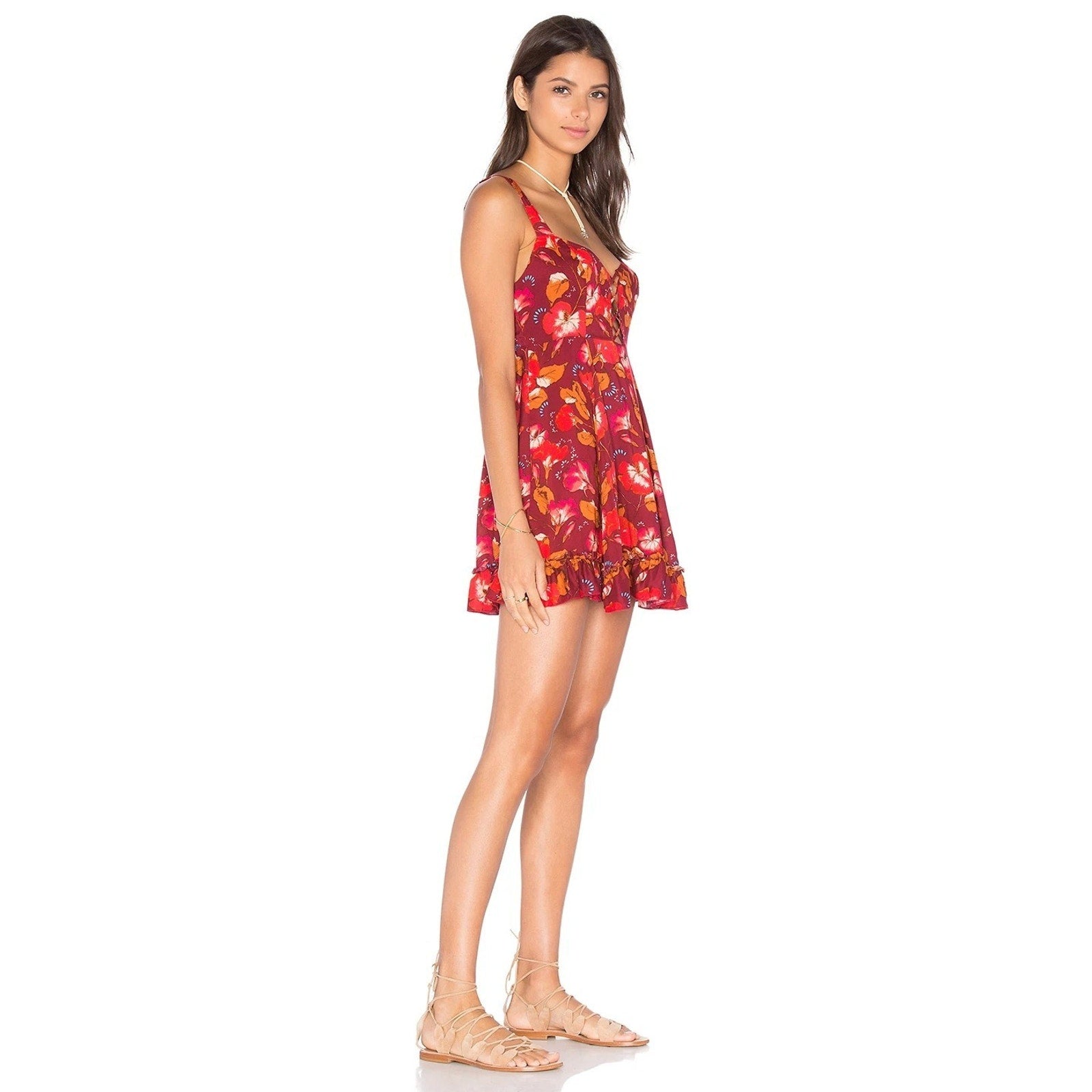 New Free People Red Floral Lattice Lovers Slip Mini Dress - $88 Small Boho