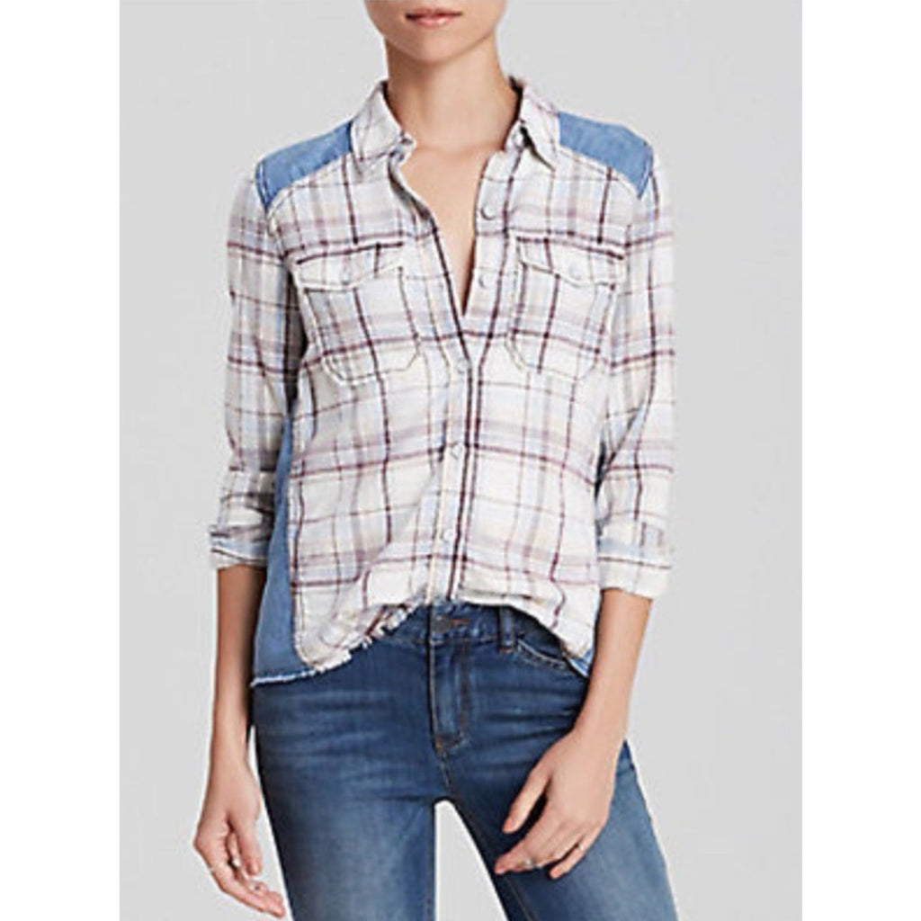 Free People Roadtrip Getaway Flannel Button Shirt $128 MEDIUM Swan BLUE