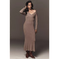 Off-shoulder slim sweater dress, heathered taupe, long sleeves