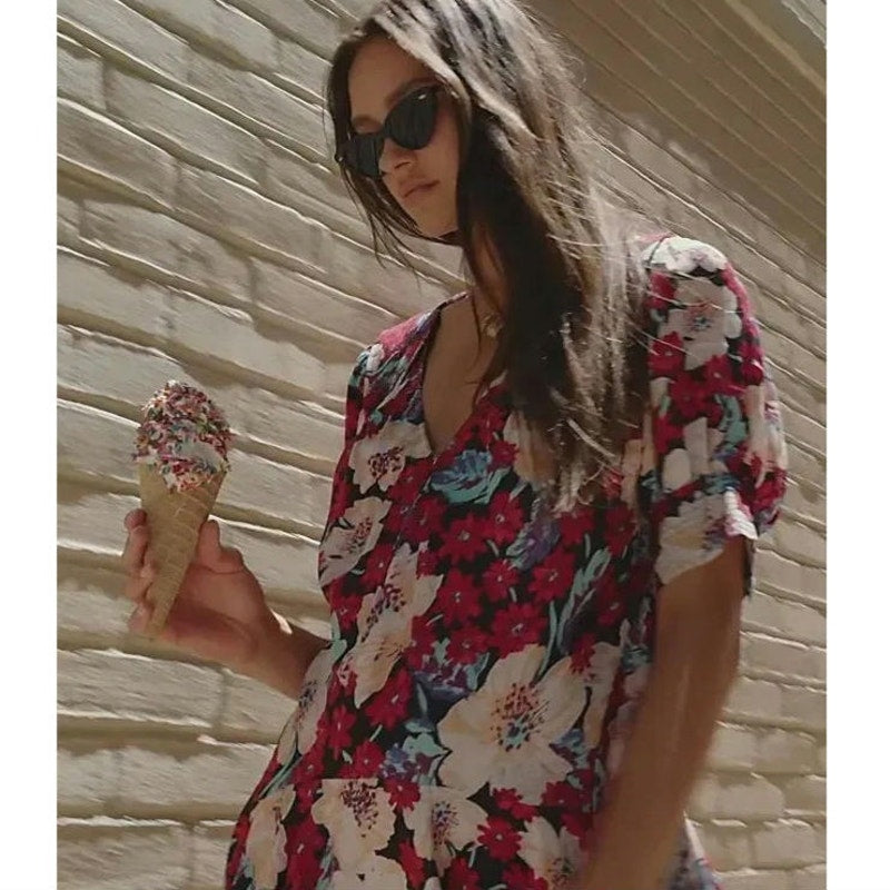 New FREE PEOPLE Sugar Crush Mini Dress $148 X-SMALL Black Red Floral Combo