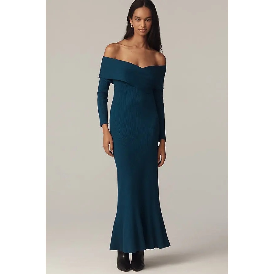 Blue off-shoulder knit sweater dress with long sleeves and mermaid hem