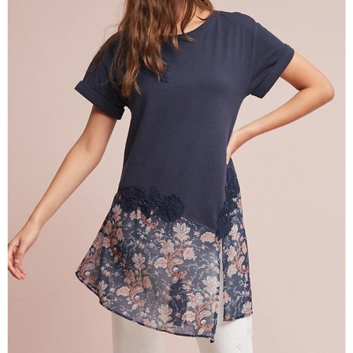 Navy lace tunic top with short sleeves and floral applique hem panel