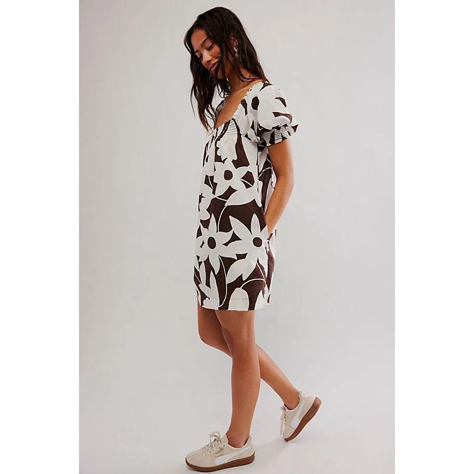 New FREE PEOPLE Mila Printed Mini Dress  $128 SMALL Brown White Floral POCKETS