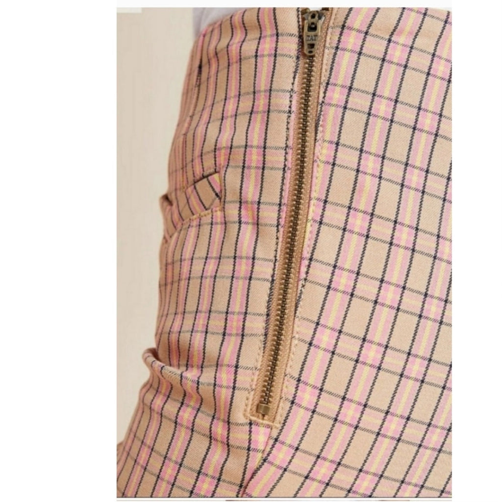 New Anthropologie The Essential Slim Plaid Trousers $98 Size 12 Pink and Tan