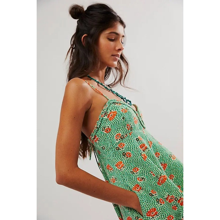 Free People Altura Printed Mini Dress LARGE Retro Floral Green Strappy Free People
