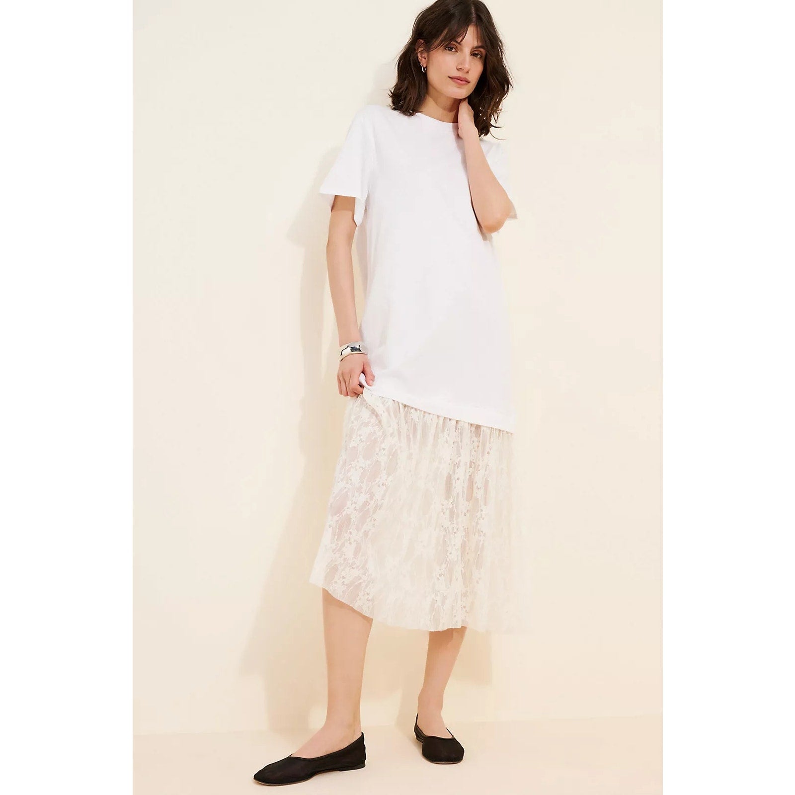 Anthropologie Twofer Lace T-Shirt Midi Dress Size Small White Oversized Anthropologie