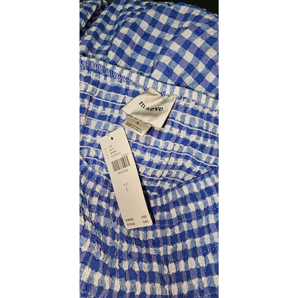 Anthropologie Maeve Strapless Smocked Midi Dress LARGE Blue Gingham Anthropologie