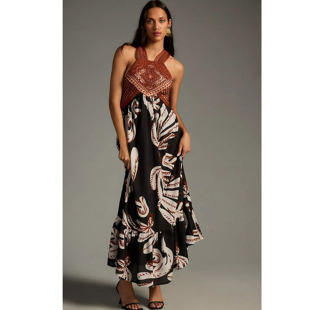 New By Anthropologie Deco Printed Halter Dress $248 SIZE 6 Black & Brown Motif