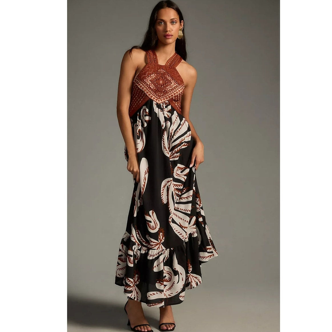 New By Anthropologie Deco Printed Halter Dress $248 SIZE 6 Black & Brown Motif